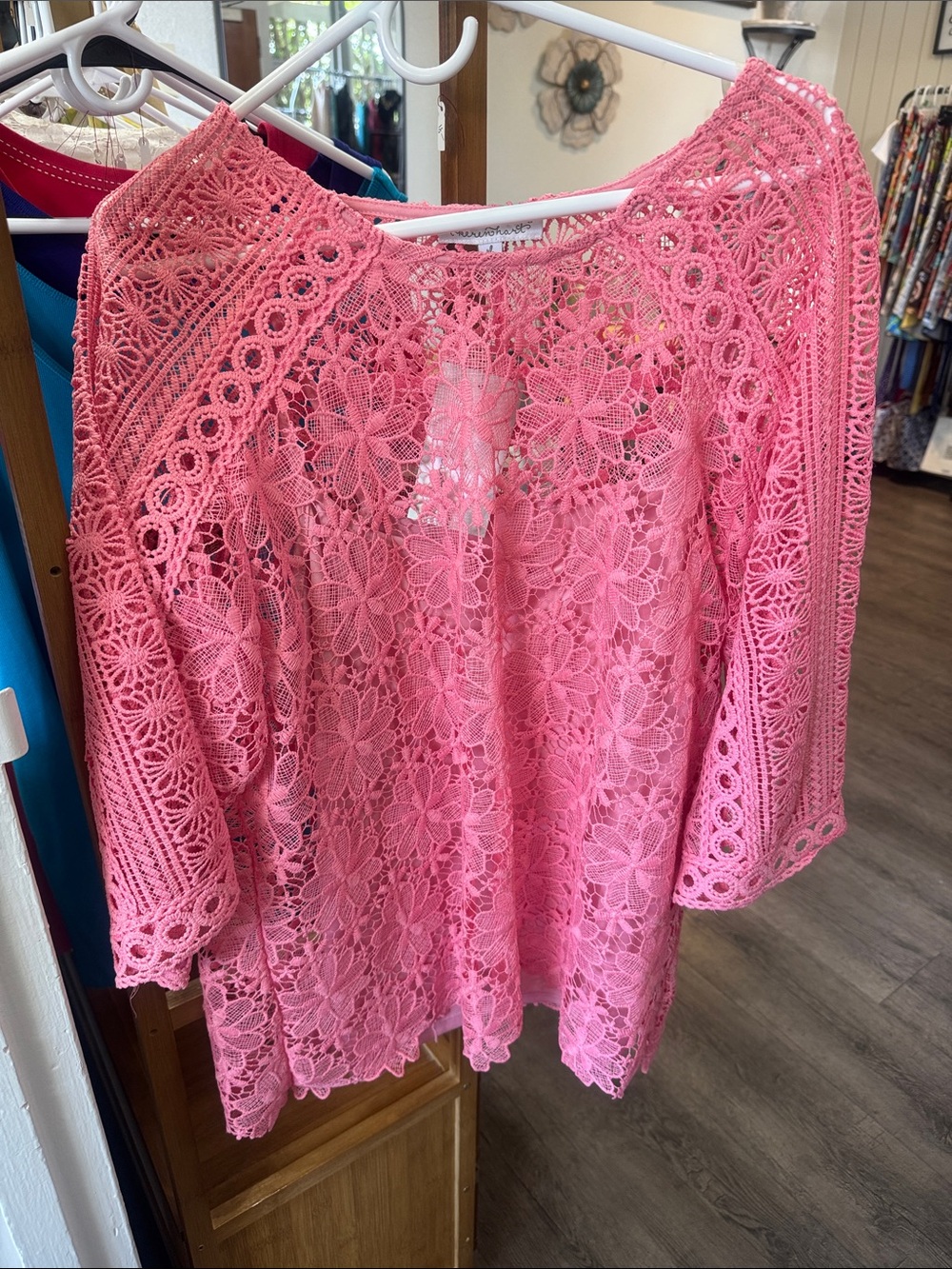 KEREN hart Pink Floral Crochet Tunic Top